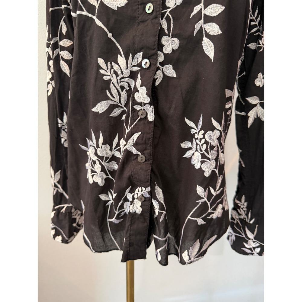 Cino Cotton Floral Embroidered Button Up Shirt Black Long Sleeve Boho Cottage XS - Picture 3 of 12